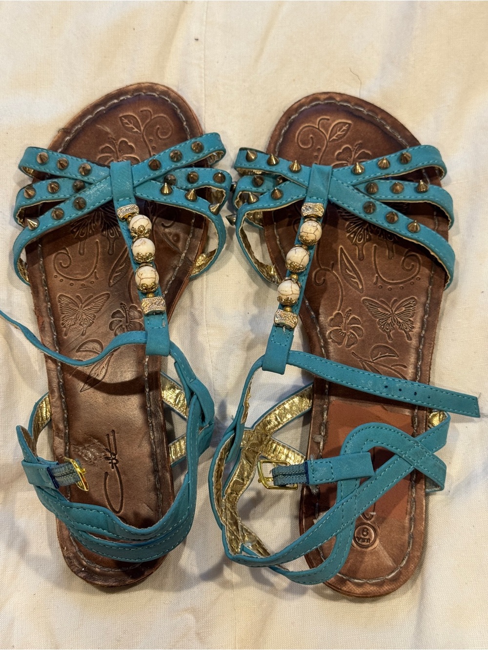 Turquoise Beaded T-Strap Women's Sandals